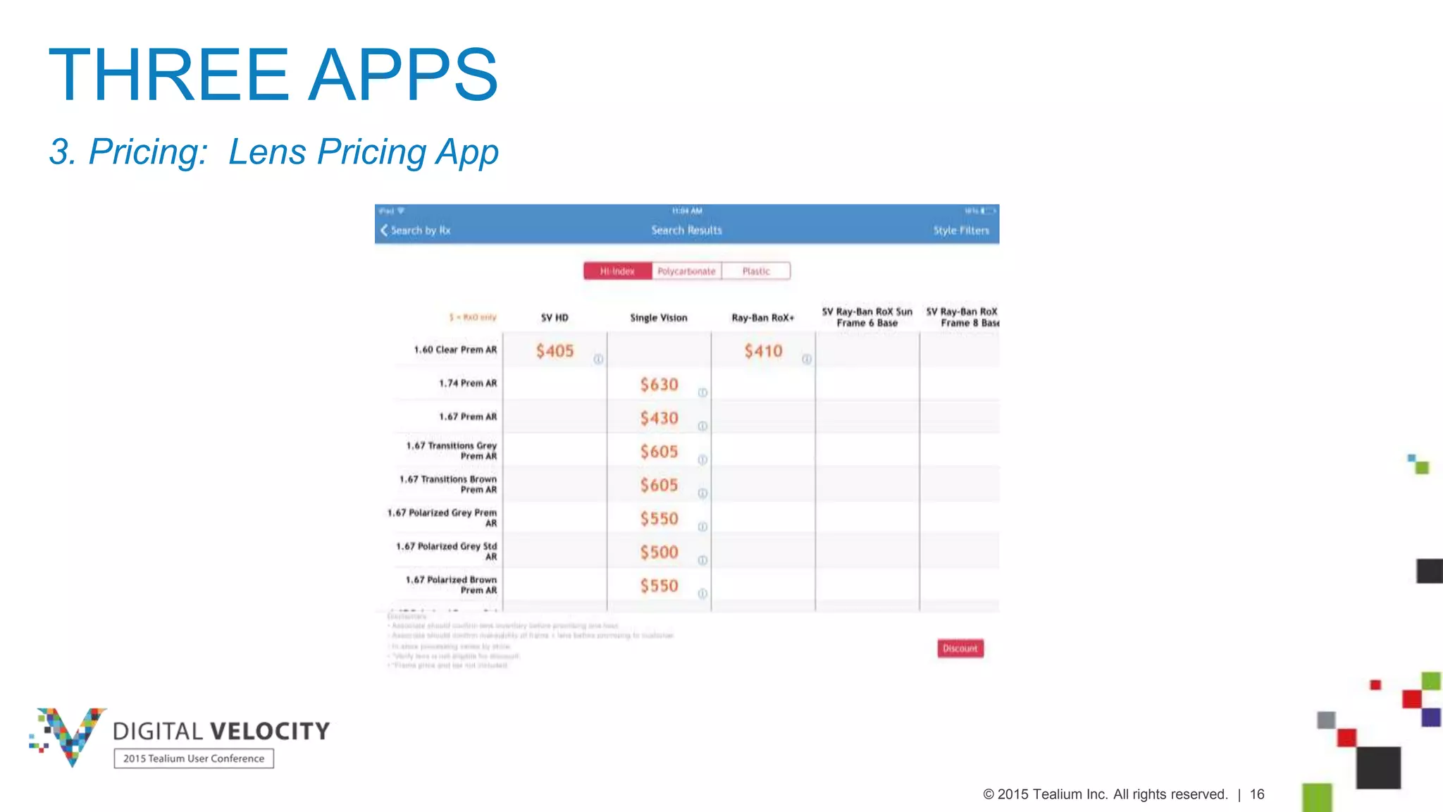 © 2015 Tealium Inc. All rights reserved. | 16
THREE APPS
3. Pricing: Lens Pricing App
 
