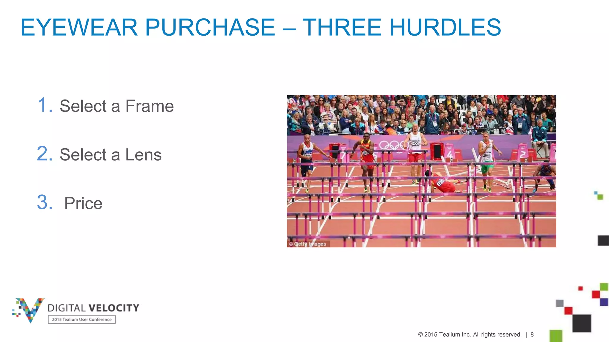 © 2015 Tealium Inc. All rights reserved. | 8
EYEWEAR PURCHASE – THREE HURDLES
1. Select a Frame
2. Select a Lens
3. Price
 