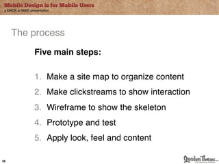 Mobile Design is for Mobile Users
 a MADE at MiKE presentation




     The process"
                   Five main steps:"
                   "
                   1.! Make a site map to organize content"
                   2.! Make clickstreams to show interaction"
                   3.! Wireframe to show the skeleton"
                   4.! Prototype and test"
                   5.! Apply look, feel and content"

38
 