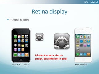 iOS – Layout


                       Retina display
 Retina factors




                        It looks the same size on
                        screen, but different in pixel

   iPhone 3GS before                                     iPhone 4 after
 