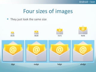 Android – Icon


            Four sizes of images
 They just look the same size



  36x36             48x48        72x72    96x96




   ldpi             mdpi         hdpi    xhdpi
 