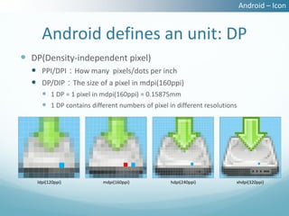 Android – Icon


      Android defines an unit: DP
 DP(Density-independent pixel)
   PPI/DPI：How many pixels/dots per inch
   DP/DIP：The size of a pixel in mdpi(160ppi)
       1 DP = 1 pixel in mdpi(160ppi) = 0.15875mm
       1 DP contains different numbers of pixel in different resolutions




    ldpi(120ppi)          mdpi(160ppi)            hdpi(240ppi)          xhdpi(320ppi)
 