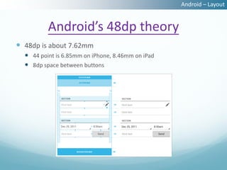 Android – Layout


          Android’s 48dp theory
 48dp is about 7.62mm
   44 point is 6.85mm on iPhone, 8.46mm on iPad
   8dp space between buttons
 