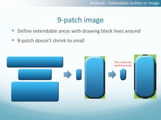 Android – Extendable button or image



                    9‐patch image
 Define extendable areas with drawing black lines around
 9‐patch doesn’t shrink to small


                                                This is what you
                                                need to provide.
 