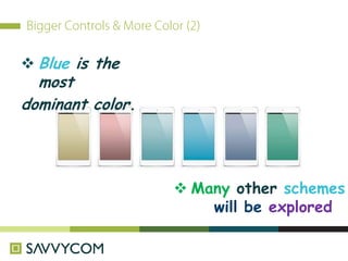  Blue is the
most
dominant color.
 Many other schemes
will be explored
 