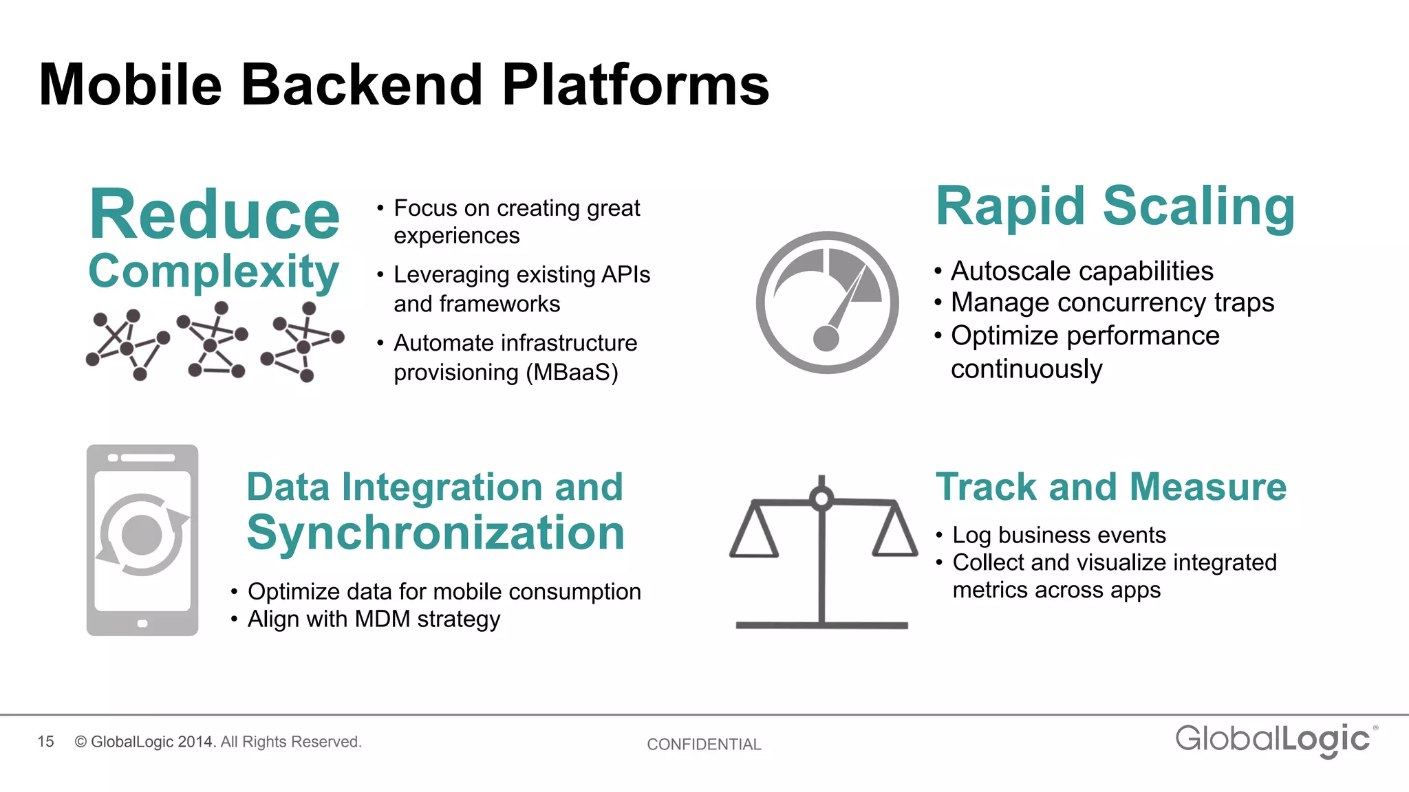 15 CONFIDENTIAL
Mobile Backend Platforms
Reduce
Complexity
•  Focus on creating great
experiences
•  Leveraging existing APIs
and frameworks
•  Automate infrastructure
provisioning (MBaaS)
•  Autoscale capabilities
•  Manage concurrency traps
•  Optimize performance
continuously
Rapid Scaling
Data Integration and
Synchronization
•  Optimize data for mobile consumption
•  Align with MDM strategy
Track and Measure
•  Log business events
•  Collect and visualize integrated
metrics across apps
© GlobalLogic 2014. All Rights Reserved.
 