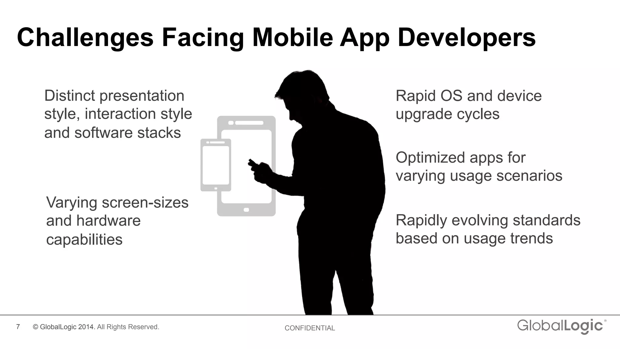7 CONFIDENTIAL
Challenges Facing Mobile App Developers
Distinct presentation
style, interaction style
and software stacks
Rapid OS and device
upgrade cycles
Varying screen-sizes
and hardware
capabilities
Optimized apps for
varying usage scenarios
Rapidly evolving standards
based on usage trends
© GlobalLogic 2014. All Rights Reserved.
 