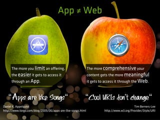 App ≠ Web




     The more you limit an o"ering,                          The more comprehensive your
     the easier it gets to access it                         content gets the more meaningful
     through an App.                                         it gets to access it through the Web.



   “Apps are like Songs“                                 “Cool URIs don't change“
Daniel K. Appelquist                                                                       Tim Berners-Lee
http://www.torgo.com/blog/2009/06/apps-are-like-songs.html             http://www.w3.org/Provider/Style/URI
 