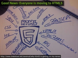 Good News: Everyone is moving to HTML5




http://www.slideshare.net/sevenval/why-html5-is-getting-on-my-nerves
 