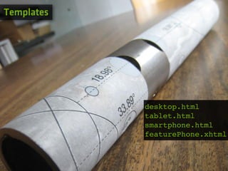 Templates




            desktop.html
            tablet.html
            smartphone.html
            featurePhone.xhtml
 