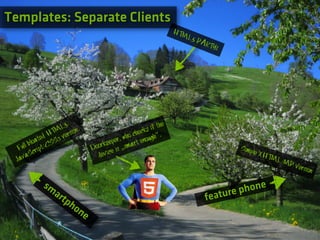 Templates: Separate Clients
                                                               HTM
                                                                     L5 P
                                                                          ART
                                                                             Y!




                  M L5/ n.                         ks if
                                                         the
                HT versio                     he c
             ed                      er, who c enough“.
       b loat CSS3              rkeep „smart
   Full cript/               Doo ce is                                                Simpl
                                                                                              e XH
   ava
       S                       devi                                                               TML
  J                                                                                                  /MP
                                                                                                         V   ersion

           sm
                ar                                                                ture phone
                  tp                                                       fea
                     ho
                        ne
 