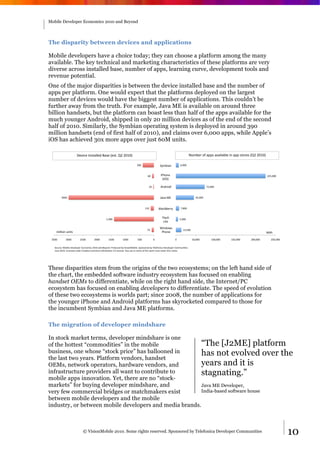 Mobile Developer Economics 2010 and Beyond




The disparity between devices and applications

Mobile developers have a choice today; they can choose a platform among the many
available. The key technical and marketing characteristics of these platforms are very
diverse across installed base, number of apps, learning curve, development tools and
revenue potential.
One of the major disparities is between the device installed base and the number of
apps per platform. One would expect that the platforms deployed on the largest
number of devices would have the biggest number of applications. This couldn’t be
further away from the truth. For example, Java ME is available on around three
billion handsets, but the platform can boast less than half of the apps available for the
much younger Android, shipped in only 20 million devices as of the end of the second
half of 2010. Similarly, the Symbian operating system is deployed in around 390
million handsets (end of first half of 2010), and claims over 6,000 apps, while Apple’s
iOS has achieved 30x more apps over just 60M units.

                       @489A4%B;/<-::4C%D-/4%=4/<E%>&%&$+$?%                                                                     012345%67%-../%-8-9:-3:4%9;%-..%/<654/%=>&%&$+$?%

                                                                               ,#$%                  FG239-;%           !"#$$%


                                                                                         !$%          9HI6;4%                                                                          &&'"$$$%
                                                                                                       =9JF?%

                                                                                          &$%         K;C569C%                                    (&"$$$%


         ,$$$%                                                                                        L-8-%MN%                          )'"$$$%


                                                                                      ++$%           D:-AOD455G%        ("*$$%


                                                  +")$$%                                               P:-/I%           '"$$$%
                                                                                                        Q9<4%

                                                                                                     R9;C6S/%
                                                                                        ('%                                +,"'$$%
    29::96;%1;9</%                                                                                    HI6;4%                                                                           -../%

 ,'$$%       ,$$$%        &'$$%        &$$$%        +'$$%         +$$$%        '$$%             $%                 $%                '$"$$$%          +$$"$$$%   +'$"$$$%   &$$"$$$%      &'$"$$$%

   F615A4T%M639:4%@484:6.45%NA6;629A/%&$+$%-;C%D4G6;CE%H56C1A4C%3G%U9/96;M639:4E%F.6;/654C%3G%V4:476;9A-%@484:6.45%W6221;9X4/E%%
   L1;4%&$+$E%Q9A4;/4C%1;C45%W54-X84%W6226;/%KY5931X6;%,E$%Q9A4;/4E%K;G%1/4%65%5429Z%67%<I9/%S65O%21/<%54<-9;%<I9/%;6XA4E%




These disparities stem from the origins of the two ecosystems; on the left hand side of
the chart, the embedded software industry ecosystem has focused on enabling
handset OEMs to differentiate, while on the right hand side, the Internet/PC
ecosystem has focused on enabling developers to differentiate. The speed of evolution
of these two ecosystems is worlds part; since 2008, the number of applications for
the younger iPhone and Android platforms has skyrocketed compared to those for
the incumbent Symbian and Java ME platforms.

The migration of developer mindshare

In stock market terms, developer mindshare is one
of the hottest “commodities” in the mobile               “The [J2ME] platform
business, one whose “stock price” has ballooned in       has not evolved over the
the last two years. Platform vendors, handset
OEMs, network operators, hardware vendors, and           years and it is
infrastructure providers all want to contribute to       stagnating.”
mobile apps innovation. Yet, there are no “stock-
markets” for buying developer mindshare, and             Java ME Developer,
very few commercial bridges or matchmakers exist         India-based software house
between mobile developers and the mobile
industry, or between mobile developers and media brands.



                             © VisionMobile 2010. Some rights reserved. Sponsored by Telefonica Developer Communities                                                                                10
 