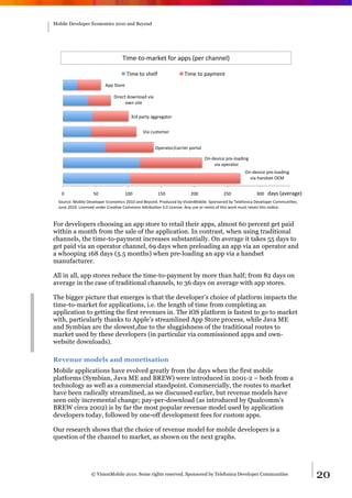 Mobile Developer Economics 2010 and Beyond




                                   E*8(;%&;80'R(%#F&'#0""2#C"('#+<0..(/D#

                                       E*8(#%<(/F#              E*8(#%&#"048(.%#
                          !""#$%&'(#

                              )*'(+%#,&-./&0,#1*0#
                                    &-.#2*%(#

                                        3',#"0'%4#055'(50%&'#


                                              6*0#+72%&8('#


                                                     9"('0%&':+0''*('#"&'%0/#

                                                                                9.;,(1*+(#"'(;/&0,*.5#
                                                                                    1*0#&"('0%&'#
                                                                                                   9.;,(1*+(#"'(;/&0,*.5#
                                                                                                     1*0#<0.,2(%#9=>#


   ?#               @?#             A??#              A@?#             B??#              B@?#            3??#   ,042#C01('05(D#
  $&7'+(G#>&H*/(#)(1(/&"('#=+&.&8*+2#B?A?#0.,#I(4&.,J#K'&,7+(,#H4#6*2*&.>&H*/(J#$"&.2&'(,#H4#E(/(F&.*+0#)(1(/&"('#L&887.*M(2J##
  N7.(#B?A?J#O*+(.2(,#7.,('#L'(0M1(#L&88&.2#!P'*H7M&.#3J?#O*+(.2(J#!.4#72(#&'#'(8*Q#&F#%<*2#-&'R#872%#'(%0*.#%<*2#.&M+(J#


For developers choosing an app store to retail their apps, almost 60 percent get paid
within a month from the sale of the application. In contrast, when using traditional
channels, the time-to-payment increases substantially. On average it takes 55 days to
get paid via an operator channel, 69 days when preloading an app via an operator and
a whooping 168 days (5.5 months) when pre-loading an app via a handset
manufacturer.

All in all, app stores reduce the time-to-payment by more than half; from 82 days on
average in the case of traditional channels, to 36 days on average with app stores.

The bigger picture that emerges is that the developer’s choice of platform impacts the
time-to-market for applications, i.e. the length of time from completing an
application to getting the first revenues in. The iOS platform is fastest to go to market
with, particularly thanks to Apple’s streamlined App Store process, while Java ME
and Symbian are the slowest,due to the sluggishness of the traditional routes to
market used by these developers (in particular via commissioned apps and own-
website downloads).

Revenue models and monetisation
Mobile applications have evolved greatly from the days when the first mobile
platforms (Symbian, Java ME and BREW) were introduced in 2001-2 – both from a
technology as well as a commercial standpoint. Commercially, the routes to market
have been radically streamlined, as we discussed earlier, but revenue models have
seen only incremental change; pay-per-download (as introduced by Qualcomm’s
BREW circa 2002) is by far the most popular revenue model used by application
developers today, followed by one-off development fees for custom apps.

Our research shows that the choice of revenue model for mobile developers is a
question of the channel to market, as shown on the next graphs.




                   © VisionMobile 2010. Some rights reserved. Sponsored by Telefonica Developer Communities                       20
 