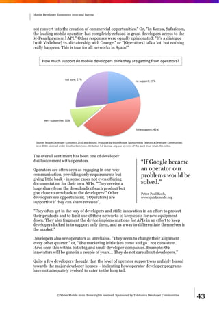 Mobile Developer Economics 2010 and Beyond




not convert into the creation of commercial opportunities." Or, "In Kenya, Safaricom,
the leading mobile operator, has completely refused to grant developers access to the
M-Pesa [payment] API." Other responses were equally opinionated: "It's a dialogue
[with Vodafone] vs. dictatorship with Orange." or "[Operators] talk a lot, but nothing
really happens. This is true for all networks in Spain!"


       P"N#>%8M#$%&&"'(#@"#>";.-0#@020-"&0'$#(M.!O#(M03#?'0#Q0R!Q#F'">#"&0'?("'$S#



                          !"(#$%'0)#*6,#
                                                                                     !"#$%&&"'()#*+,#




        20'3#$%&&"'420)#+5,#

                                                                                      -./-0#$%&&"'()#1*,#



  7"%'809#:";.-0#<020-"&0'#=8"!">.8$#*5+5#?!@#A03"!@B#C'"@%80@#;3#D.$."!:";.-0B#7&"!$"'0@#;3#E0-0F"!.8?#<020-"&0'#G">>%!.40$B##
  H%!0#*5+5B#I.80!$0@#%!@0'#G'0?420#G">>"!$#J/'.;%4"!#KB5#I.80!$0B#J!3#%$0#"'#'0>.L#"F#(M.$#N"'O#>%$(#'0(?.!#(M.$#!"480B#


The overall sentiment has been one of developer
disillusionment with operators.                                                           “If Google became
Operators are often seen as engaging in one-way                                           an operator our
communication, providing only requirements but                                            problems would be
giving little back - in some cases not even offering
documentation for their own APIs. "They receive a                                         solved."
huge share from the downloads of each product but
give close to zero back to the developers!" Other                                         Peter-Paul Koch,
developers see opportunism; "[Operators] are                                              www.quirksmode.org
supportive if they can share revenue".

"They often get in the way of developers and stifle innovation in an effort to protect
their products and to limit use of their networks to keep costs for new equipment
down. They also fragment the device implementations for APIs in an effort to keep
developers locked in to support only them, and as a way to differentiate themselves in
the market."

Developers also see operators as unreliable. "They seem to change their alignment
every other quarter," or, "The marketing initiatives come and go.. not consistent.
Have seen this within both big and small developer companies. Example: O2
innovators will be gone in a couple of years… They do not care about developers."

Quite a few developers thought that the level of operator support was unfairly biased
towards the major developer houses – indicating how operator developer programs
have not adequately evolved to cater to the long tail.




                   © VisionMobile 2010. Some rights reserved. Sponsored by Telefonica Developer Communities                       43
 