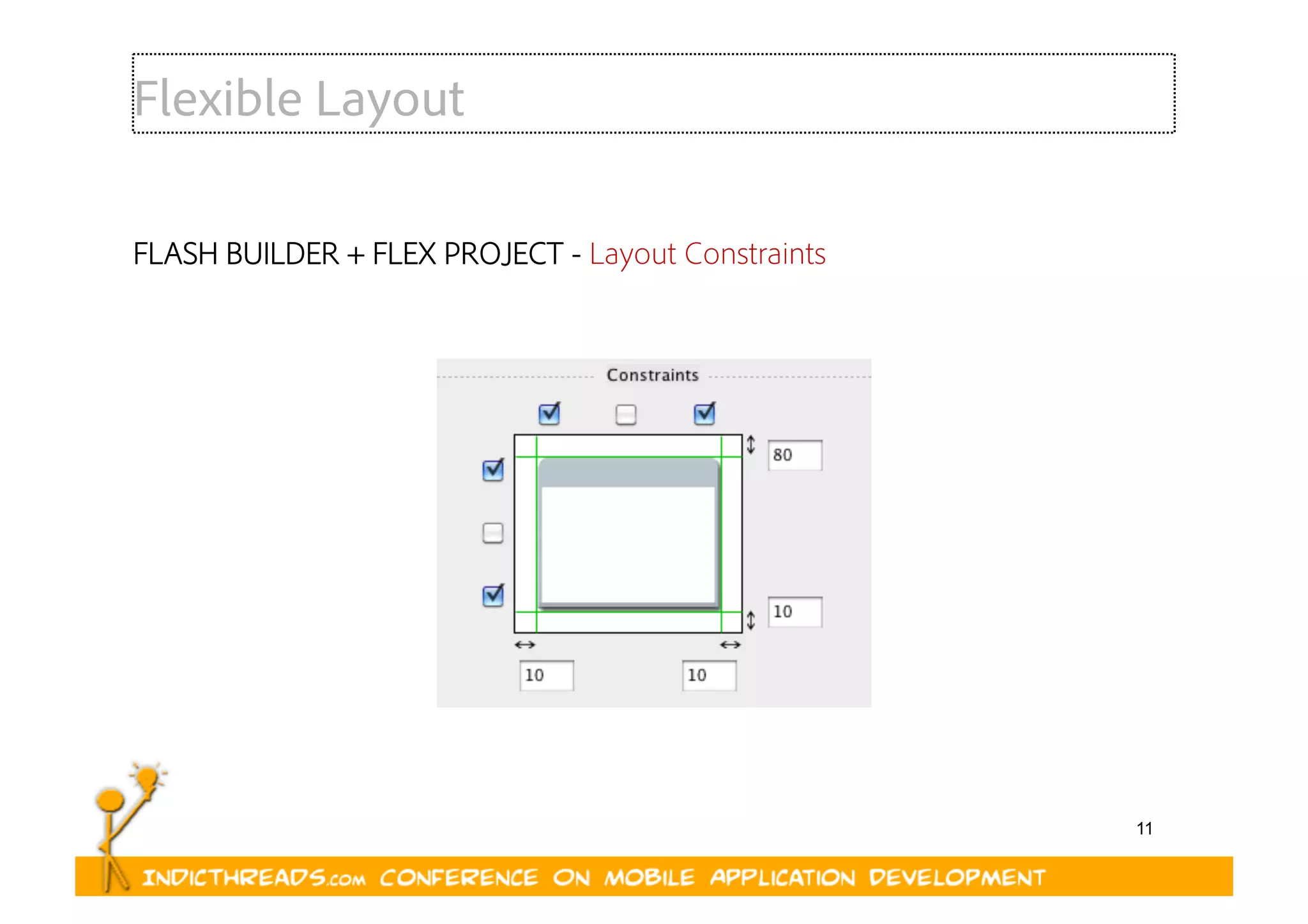 11
Flexible Layout
FLASH BUILDER + FLEX PROJECT - Layout Constraints
 
