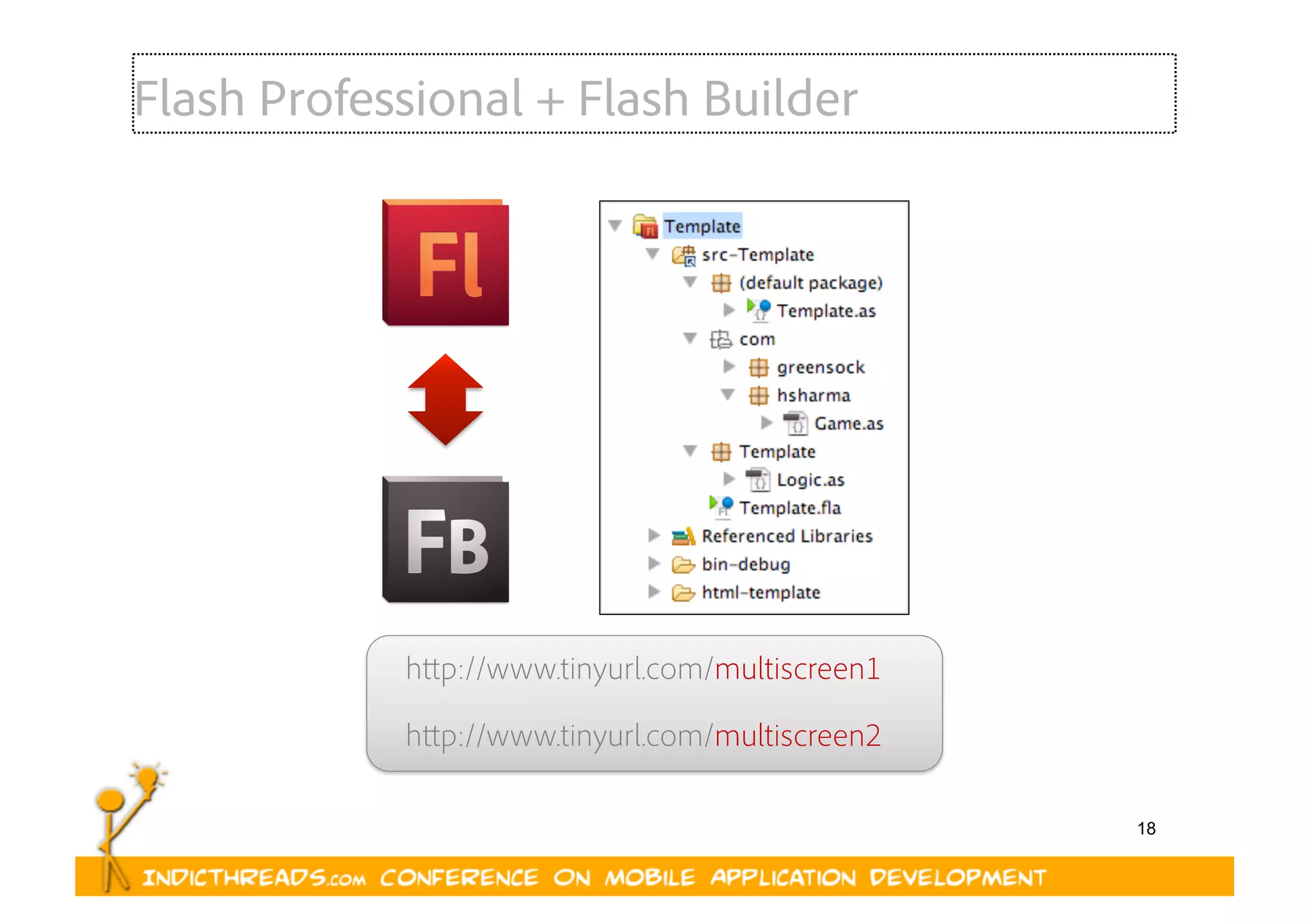 18
Flash Professional + Flash Builder
http://www.tinyurl.com/multiscreen1
http://www.tinyurl.com/multiscreen2
 