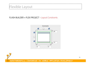 11
Flexible Layout
FLASH BUILDER + FLEX PROJECT - Layout Constraints
 