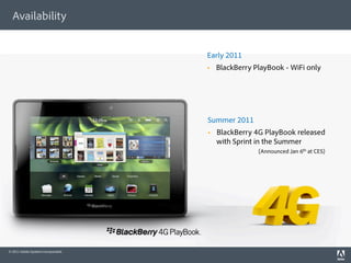 Availability


                                     Early 2011
                                         BlackBerry PlayBook - WiFi only




                                     Summer 2011
                                         BlackBerry 4G PlayBook released
                                          with Sprint in the Summer
                                                      (Announced Jan 6th at CES)




© 2011 Adobe Systems Incorporated.
 