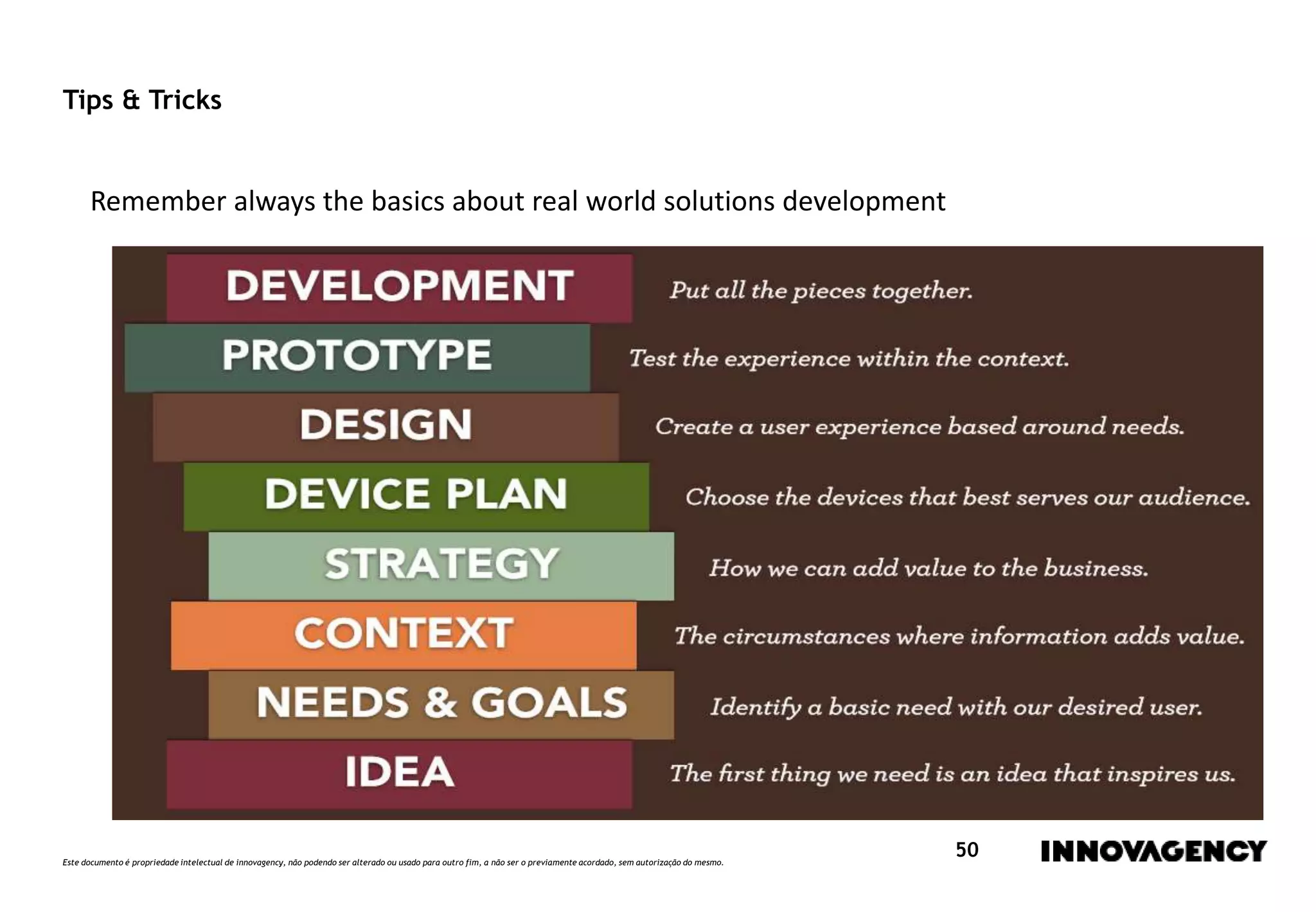 Este documento é propriedade intelectual de innovagency, não podendo ser alterado ou usado para outro fim, a não ser o previamente acordado, sem autorização do mesmo.
50
Tips & Tricks
Remember always the basics about real world solutions development
 