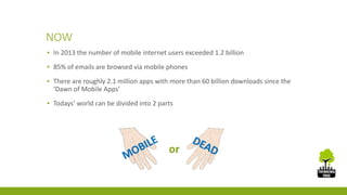 NOW 
▪ In 2013 the number of mobile internet users exceeded 1.2 billion 
▪ 85% of emails are browsed via mobile phones 
▪ There are roughly 2.1 million apps with more than 60 billion downloads since the 
‘Dawn of Mobile Apps’ 
▪ Todays’ world can be divided into 2 parts 
or 
 