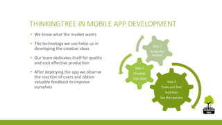THINKINGTREE IN MOBILE APP DEVELOPMENT 
▪ We know what the market wants 
▪ The technology we use helps us in 
developing the creative ideas 
▪ Our team dedicates itself for quality 
and cost effective production 
▪ After deploying the app we observe 
the reaction of users and obtain 
valuable feedback to improve 
ourselves 
Step 3 
‘Code and Test’ 
And then 
See the reaction 
Step 2 
Develop 
‘THE IDEA’ 
Step 1 
Know the 
Market 
 
