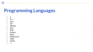 • C
• C++
• Java
• C#
• VB.Net
• Perl
• PHP
• Python
• Ruby
• Objective C
• Swift
• Kotlin
• ---
Programming Languages
 