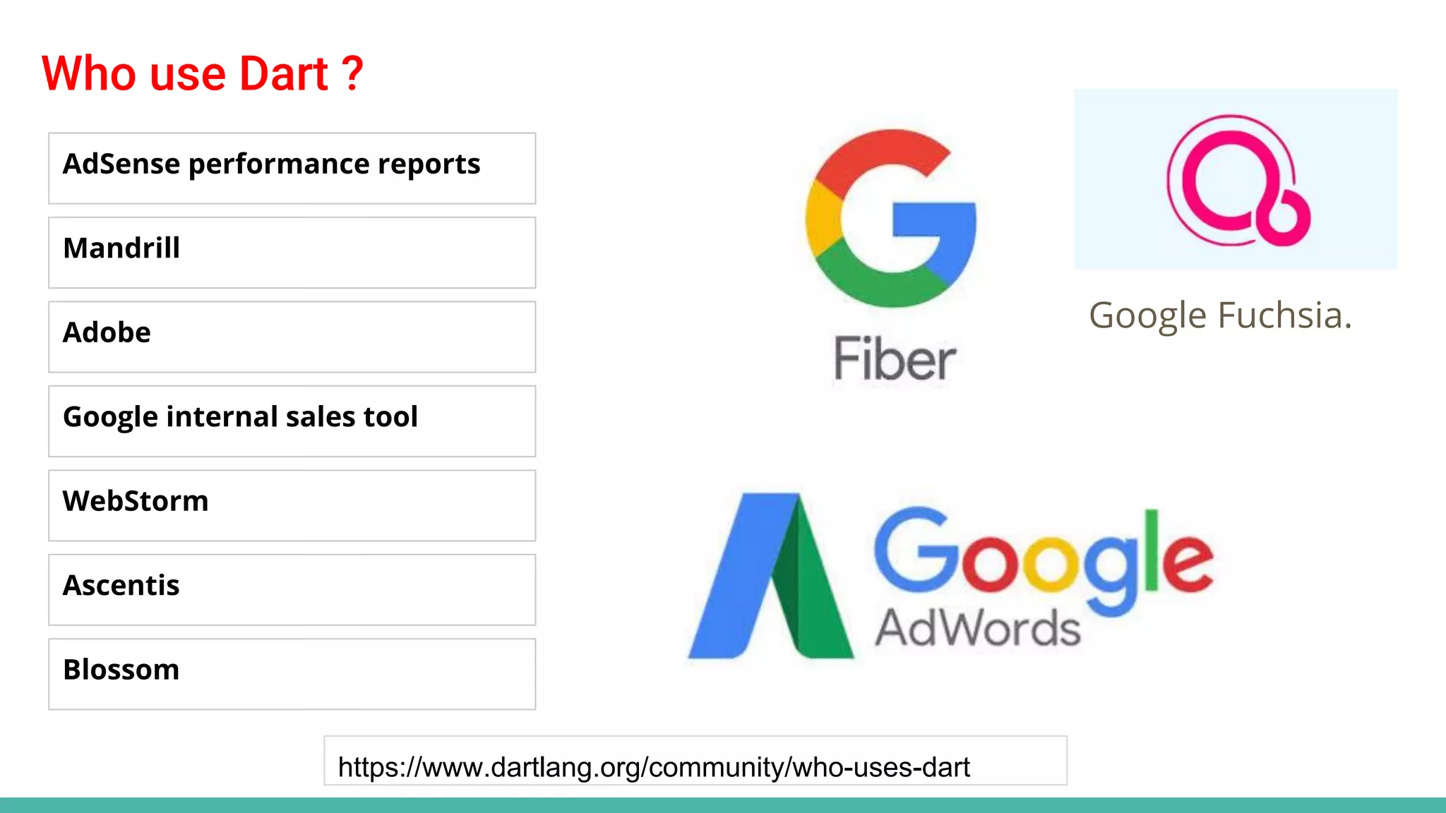 Who use Dart ?
Google Fuchsia.
AdSense performance reports
Mandrill
Adobe
Google internal sales tool
WebStorm
Ascentis
https://www.dartlang.org/community/who-uses-dart
Blossom
 