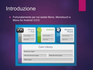Introduzione
 Fortunatamente per noi esiste Mono, Monotouch e
Mono for Android 
 