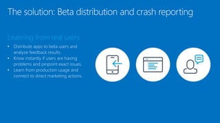 The solution: Beta distribution and crash reporting
Learning from real users
• Distribute apps to beta users and
analyze feedback results.
• Know instantly if users are having
problems and pinpoint exact issues.
• Learn from production usage and
connect to direct marketing actions.
 