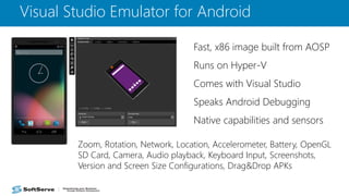 Visual Studio Emulator for Android
Fast, x86 image built from AOSP
Runs on Hyper-V
Comes with Visual Studio
Speaks Android Debugging
Native capabilities and sensors
Zoom, Rotation, Network, Location, Accelerometer, Battery, OpenGL
SD Card, Camera, Audio playback, Keyboard Input, Screenshots,
Version and Screen Size Configurations, Drag&Drop APKs
 
