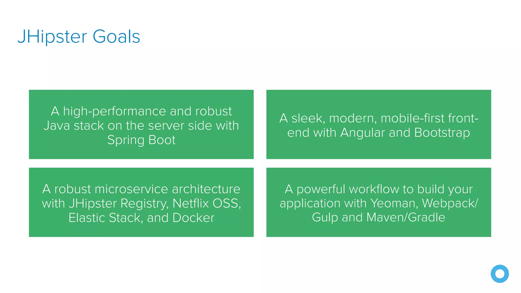 A powerful workflow to build your application with Yeoman, Webpack/ Gulp and Maven/Gradle JHipster Goals A sleek, modern, mobile-first front- end with Angular and Bootstrap A high-performance and robust Java stack on the server side with Spring Boot A robust microservice architecture with JHipster Registry, Netflix OSS, Elastic Stack, and Docker 