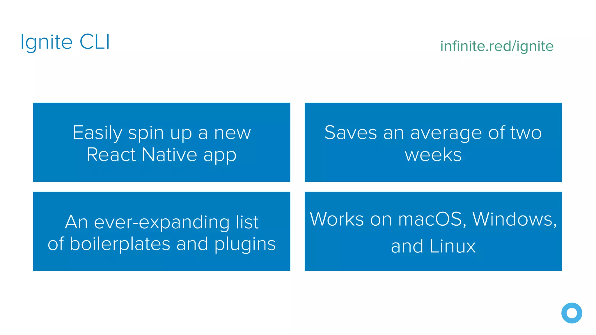 Works on macOS, Windows, and Linux Ignite CLI Saves an average of two weeks Easily spin up a new React Native app An ever-expanding list of boilerplates and plugins infinite.red/ignite 