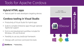 Tools for Apache Cordova
• Productivity of Visual Studio for hybrid apps
• Scale to complex Enterprise apps through optional
TypeScript support
• End-to-end development workflow included for
Windows, iOS and Android
• Flexibility to use any JavaScript framework
• Interops with common command-line tools
Hybrid HTML apps
Cordova tooling in Visual Studio
• Natural path for web developers targeting devices
Black Box
 