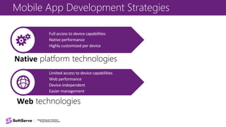 Mobile App Development Strategies
Web technologies
Native platform technologies
 