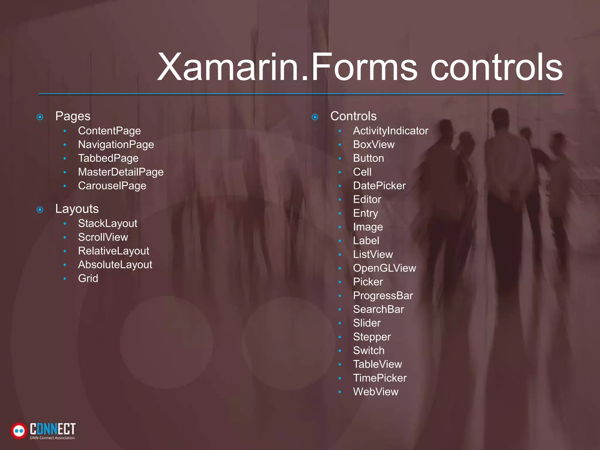 Xamarin.Forms controls  Pages • ContentPage • NavigationPage • TabbedPage • MasterDetailPage • CarouselPage  Layouts • StackLayout • ScrollView • RelativeLayout • AbsoluteLayout • Grid  Controls • ActivityIndicator • BoxView • Button • Cell • DatePicker • Editor • Entry • Image • Label • ListView • OpenGLView • Picker • ProgressBar • SearchBar • Slider • Stepper • Switch • TableView • TimePicker • WebView 