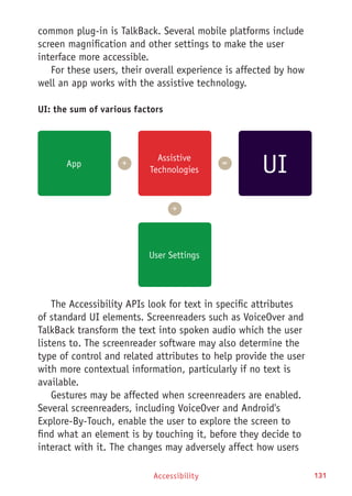 Accessibility 131
common plug-in is TalkBack. Several mobile platforms include
screen magnification and other settings to make the user
interface more accessible.
For these users, their overall experience is affected by how
well an app works with the assistive technology.
The Accessibility APIs look for text in specific attributes
of standard UI elements. Screenreaders such as VoiceOver and
TalkBack transform the text into spoken audio which the user
listens to. The screenreader software may also determine the
type of control and related attributes to help provide the user
with more contextual information, particularly if no text is
available.
Gestures may be affected when screenreaders are enabled.
Several screenreaders, including VoiceOver and Android's
Explore-By-Touch, enable the user to explore the screen to
find what an element is by touching it, before they decide to
interact with it. The changes may adversely affect how users
App
Assistive
Technologies
 +
 +
User Settings
 =
UI
UI: the sum of various factors
 
