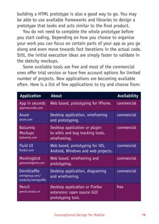 Conceptional Design for Mobile 16
building a HTML prototype is also a good way to go. You may
be able to use available frameworks and libraries to design a
prototype that looks and acts similar to the final product.
You do not need to complete the whole prototype before
you start coding. Depending on how you choose to organise
your work you can focus on certain parts of your app as you go
along and even move towards fast iterations in the actual code.
Still, the initial execution ideas are simply faster to validate in
the sketchy mockups.
Some available tools are free and most of the commercial
ones offer trial version or have free account options for limited
number of projects. New applications are becoming available
often. Here is a list of few applications to try and choose from:
Application About Availability
App in seconds
appinseconds.com
Web based, prototyping for iPhone. commercial
Axure
axure.com
Desktop application, wireframing
and prototyping.
commercial
Balsamiq
Mockups
balsamiq.com
Desktop application or plugin
to wikis and bug tracking tools,
wireframing.
commercial
Fluid UI
fluidui.com
Web based, prototyping for iOS,
Android, Windows and web projects.
commercial
Mockingbird
gomockingbird.com
Web based, wireframing and
prototyping.
commercial
OmniGraffle
omnigroup.com/
products/omnigraffle
Desktop application, diagraming
and wireframing.
commercial
Pencil
pencil.evolus.vn
Desktop application or Firefox
extension; open source GUI
prototyping tool.
free
 