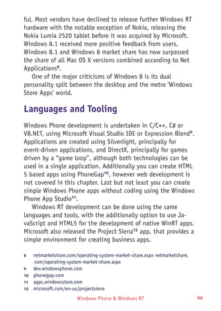 Windows Phone & Windows RT 90
ful. Most vendors have declined to release further Windows RT
hardware with the notable exception of Nokia, releasing the
Nokia Lumia 2520 tablet before it was acquired by Microsoft.
Windows 8.1 received more positive feedback from users,
Windows 8.1 and Windows 8 market share has now surpassed
the share of all Mac OS X versions combined according to Net
Applications8
.
One of the major criticisms of Windows 8 is its dual
personality split between the desktop and the metro 'Windows
Store Apps' world.
Languages and Tooling
Windows Phone development is undertaken in C/C++, C# or
VB.NET, using Microsoft Visual Studio IDE or Expression Blend9
.
Applications are created using Silverlight, principally for
event-driven applications, and DirectX, principally for games
driven by a “game loop”, although both technologies can be
used in a single application. Additionally you can create HTML
5 based apps using PhoneGap10
, however web development is
not covered in this chapter. Last but not least you can create
simple Windows Phone apps without coding using the Windows
Phone App Studio11
.
Windows RT development can be done using the same
languages and tools, with the additionally option to use Ja-
vaScript and HTML5 for the development of native WinRT apps.
Microsoft also released the Project Siena12
app, that provides a
simple environment for creating business apps.
8	 netmarketshare.com/operating-system-market-share.aspx netmarketshare.
com/operating-system-market-share.aspx
9	 dev.windowsphone.com
10	  phonegap.com
11	  apps.windowsstore.com
12	  microsoft.com/en-us/projectsiena
 