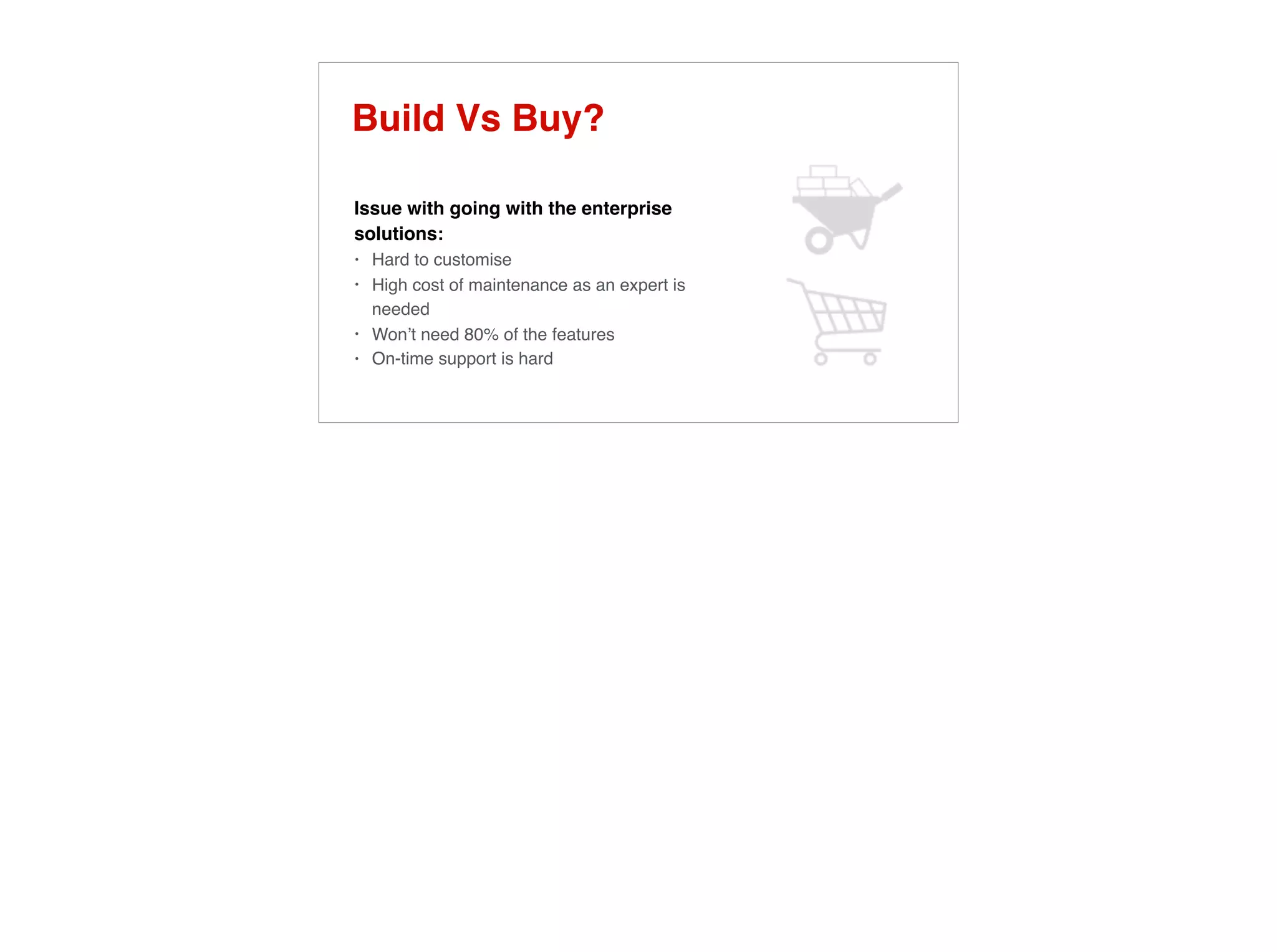 Build Vs Buy?
Issue with going with the enterprise
solutions:
• Hard to customise
• High cost of maintenance as an expert is
needed
• Won’t need 80% of the features
• On-time support is hard
 
