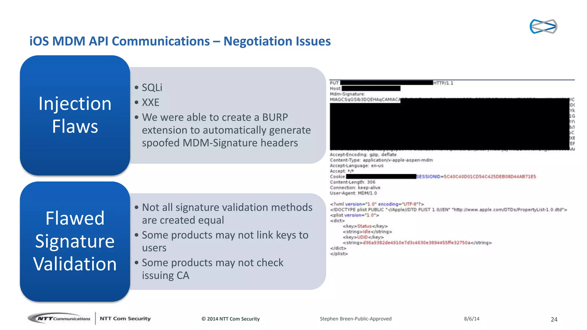 © 2014 NTT Com Security
iOS MDM API Communications – Negotiation Issues
• SQLi
• XXE
• We were able to create a BURP
extension to automatically generate
spoofed MDM-Signature headers
Injection
Flaws
• Not all signature validation methods
are created equal
• Some products may not link keys to
users
• Some products may not check
issuing CA
Flawed
Signature
Validation
8/6/14Stephen Breen-Public-Approved 24
 