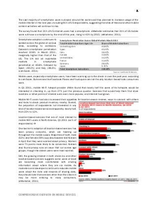 COMPREHENSIVE OVERVIEW ON MOBILE DEVICES
The vast majority of smartphone users surveyed around the world said they planned to increase usage of the
mobile internet in the next year, including 91% of US respondents, suggesting the rates of these and other mobile
content activities will continue to rise.
The survey found that 31% of US internet users had a smartphone. eMarketer estimates that 31% of US mobile
users will have a smartphone by the end of this year, rising to 43% by 2015. (eMarketer, 2011)
Smartphone adoption continues to
spread across the globe at various
rates, according to comScore.
Canada's smartphone penetration
reached 32.8% in March 2011,
marginally higher than that of the
US. The UK led all reportable
markets in smartphone
penetration at 40.8%, followed by
Spain (40.2%) and Italy (38.3%).
(comScore, 2011)
Mobile users, especially smartphone users, have been warming up to the check-in over the past year, according
to comScore. But services like Facebook Places and foursquare are not the only location-based tools consumers
want.
In Q1 2011, mobile Wi-Fi hotspot provider JiWire found that nearly half the users of its hotspots would be
interested in checking in, up from 27% just the previous quarter. Services that would help them find store
locations or other points of interest were even more popular, and interest had grown.
Mobile Wi-Fi users had also increased their appetites for location-aware reviews, ways to connect with others
and tools to check product inventory nearby. Overall,
the proportion of respondents not interested in any
kind of location-based services dropped by nearly half,
from 22% to 12%.
Location-based services that are of most interest to
mobile Wi-Fi users in North America, Q1 2011 (as % of
respondents):
One barrier to adoption of location-based services has
been privacy concerns, which are heating up
throughout the mobile space. Majorities of both male
(52%) and female (59%) app downloaders told Nielsen
in April that they were worried about privacy. Women
were 7% points more likely to be concerned. Nielsen
also found privacy was an issue that cut across age
groups, though the oldest users were most worried.
Still, the growing interest in both check-ins and other
location-based services suggests some users at least
are becoming more comfortable with sharing
information about where they are via mobile. As
marketers and developers continue to educate mobile
users about the risks and rewards of sharing data,
they should note that services other than the check-in
may be more enticing to many consumers.
(eMarketer, 2011)
Smartphone Penetration Across Global Markets March 2011
Total Mobile Subscribers Ages 13+ Share of Mobile Subscribers
United Kingdom 40.80%
Spain 40.20%
Italy 38.30%
Canada 32.80%
United States 32.20%
France 31.40%
Germany 28.30%
Japan 9.70%
Total Smartphone Subscribers 100.00%
Source: comScore MobiLens
 