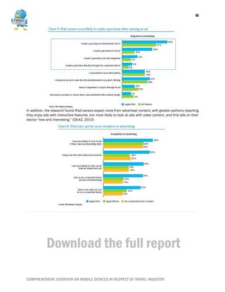 COMPREHENSIVE OVERVIEW ON MOBILE DEVICES
 Mobile internet usage is growing globally largely thanks to the increasing use of mobile applications or
apps that take full advantage of enhancements in user interface in recent years.
 Internet users in the APAC region still lead in terms of the proportion of mobile users that are
downloading apps on the mobile phones just as they lead the world in internet usage on mobiles.
 On the other hand, the share of mobile users in LATAM markets downloading apps is stagnant.
 Mass video consumption is diversifying into multiple internet platforms.
 Professional content is driving global differentiation.
 Younger users are the least adverse to paying for content.
 Micro-blogging and social networking are growing fastest.
 Micro-blogging growth is being driven by BRIC.
 Real-time moves users towards transmission and away from creation.
 Facebook has grown fastest globally since Wave 1, However, broader social networking decline is
kicking in.
 Massive decline in contribution on Facebook.
 Young demographics show the impact of the transmitter economy.
 Social network brand interactions are catching the branded website.
 Growing demand for one to one relationship and content.
They also listed some truths/realities:
 Reality 1 - traditional sources still drive
mass knowledge. Even active micro
bloggers turn to traditional new sources.
 Reality 2 - traditional TV is not in decline
even for heavy social users.
(We are social, 2011)
Americans are the most likely to have used QR
code, according to a study of QR code usage among
consumers in the US, UK, Germany, and France.
The study of 2,000 Americans and 1,000
Europeans undertaken by Pitney Bowes found that
US consumers were more likely to report having
scanned QR codes across every medium by which
the codes were delivered.
For QR codes printed in magazines, nearly two out
of five Americans between 18 to 24 years old and
36% of Americans between 25 to 34 years old
reported having scanned one. In Germany, where
usage was next highest, 27% of 18- to 24-year-olds
and 23% of 25- to 34-year-olds had tried scanning
barcodes in magazines.
On average, young adults across every country were
most likely to have tried scanning a magazine, at
27%. These consumers tended to be more familiar
with scanning barcodes located on printed
materials such as mail, posters or packaging-21%
had tried each. They were less likely to scan QR
codes delivered through digital screens, e.g. on a
 