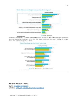 COMPREHENSIVE OVERVIEW ON MOBILE DEVICES
In addition, the research found iPad owners expect more from advertiser content, with greater portions reporting
they enjoy ads with interactive features, are more likely to look at ads with video content, and find ads on their
device "new and interesting." (ClickZ, 2010)
COMPILED BY: VIVEK K. SINGH
EMAIL: WIWECK@GMAIL.COM
LINKEDIN: HTTP://IN.LINKEDIN.COM/IN/WIWECKSINGH
 