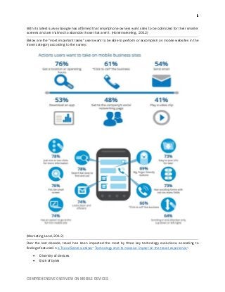 COMPREHENSIVE OVERVIEW ON MOBILE DEVICES
With its latest survey Google has affirmed that smartphone owners want sites to be optimized for their smaller
screens and are inclined to abandon those that aren't. (Hotelmarketing, 2012)
Below are the "most important tasks" users want to be able to perform or accomplish on mobile websites in the
travel category according to the survey:
(Marketing Land, 2012)
Over the last decade, travel has been impacted the most by three key technology evolutions, according to
findings featured in a Tnooz-Sabre webinar ‘Technology and its massive impact on the travel experience':
 Diversity of devices
 Bulk of bytes
 