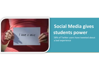 	
  	
  Social	
  Media	
  gives	
  
          students	
  power	
  
  58%	
  of	
  TwiGer	
  users	
  have	
  tweeted	
  about	
  
  a	
  bad	
  experience	
  
 