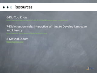 Resources	
  

6-­‐Did	
  You	
  Know	
  
hGp://www.youtube.com/watch?v=6ILQrUrEWe8&feature=player_embedded#!	
  
	
  

7-­‐Dialogue	
  Journals:	
  Interac)ve	
  Wri)ng	
  to	
  Develop	
  Language	
  
and	
  Literacy	
  
hGp://www.cal.org/resources/Digest/peyton01.html	
  	
  
	
  
8-­‐Mashable.com	
  
hGp://mashable.com/	
  	
  

	
  
	
  
 