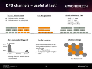 12
CONFIDENTIAL
© Copyright 2014. Aruba Networks, Inc.
All rights reserved
#AirheadsConf
DFS channels – useful at last!
How many radar triggers?
frequency
insallations
0 / year 5 / hour
Usually none, but in some places
> comfortable
Devices supporting DFS
Apple > 2 years
Intel > 2 years
Samsung > 1 year
Others getting there
Most
WLANs
A few
Special concerns
No active client scanning in DFS
bands because they don’t passive-
scan for radar
- slow AP acquisition
- fixed (eventually) by neighbor
report
5GHz Channel count
13 20MHz channels, no DFS
22 20MHz channels including DFS
Channel strategy
Dot them around?
Use the spectrum!
 