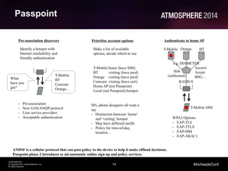 14
CONFIDENTIAL
© Copyright 2014. Aruba Networks, Inc.
All rights reserved
#AirheadsConf
Passpoint
Identify a hotspot with
Internet reachability and
friendly authentication
Pre-association discovery
What
have you
got?
T-Mobile
BT
Comcast
Orange…
- Pre-association
- New GAS/ANQP protocol
- Lists service providers
- Acceptable authentication
Authenticate to home SP
T-Mobile BTOrange
Accuris
Aicent
BSG…
Hub
(settlement)
RADIUS
e.g. DIAMETER
WPA2 Options
- EAP-TLS
- EAP-TTLS
- EAP-SIM
- EAP-AKA(‘)
Make a list of available
options, decide which to use
Prioritise account options
T-Mobile home (have SIM)
BT visiting (have pwd)
Orange visiting (have pwd)
Comcast visiting (have cert)
Home AP (not Passpoint)
Local (not Passpoint) hotspot
SPs, phone designers all want a
say
- Distinction between ‘home’
and ‘visiting’ hotspot
- May have different tariffs
- Policy for time-of-day,
location…
ANDSF is a cellular protocol that can pass policy to the device to help it make offload decisions.
Passpoint phase 2 introduces se mi-automatic online sign-up and policy services.
T-Mobile SIM
 