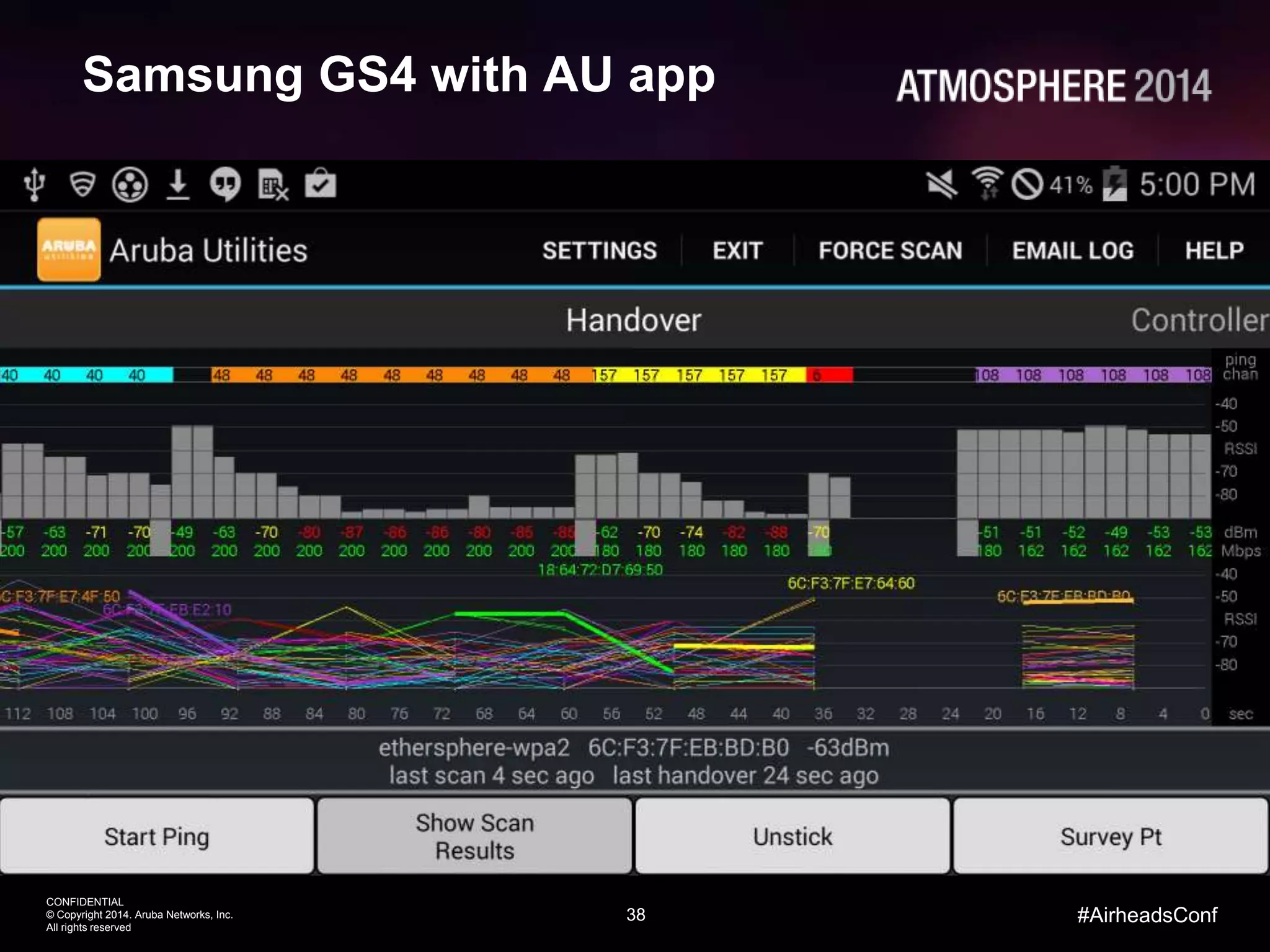 38
CONFIDENTIAL
© Copyright 2014. Aruba Networks, Inc.
All rights reserved
#AirheadsConf
Samsung GS4 with AU app
 