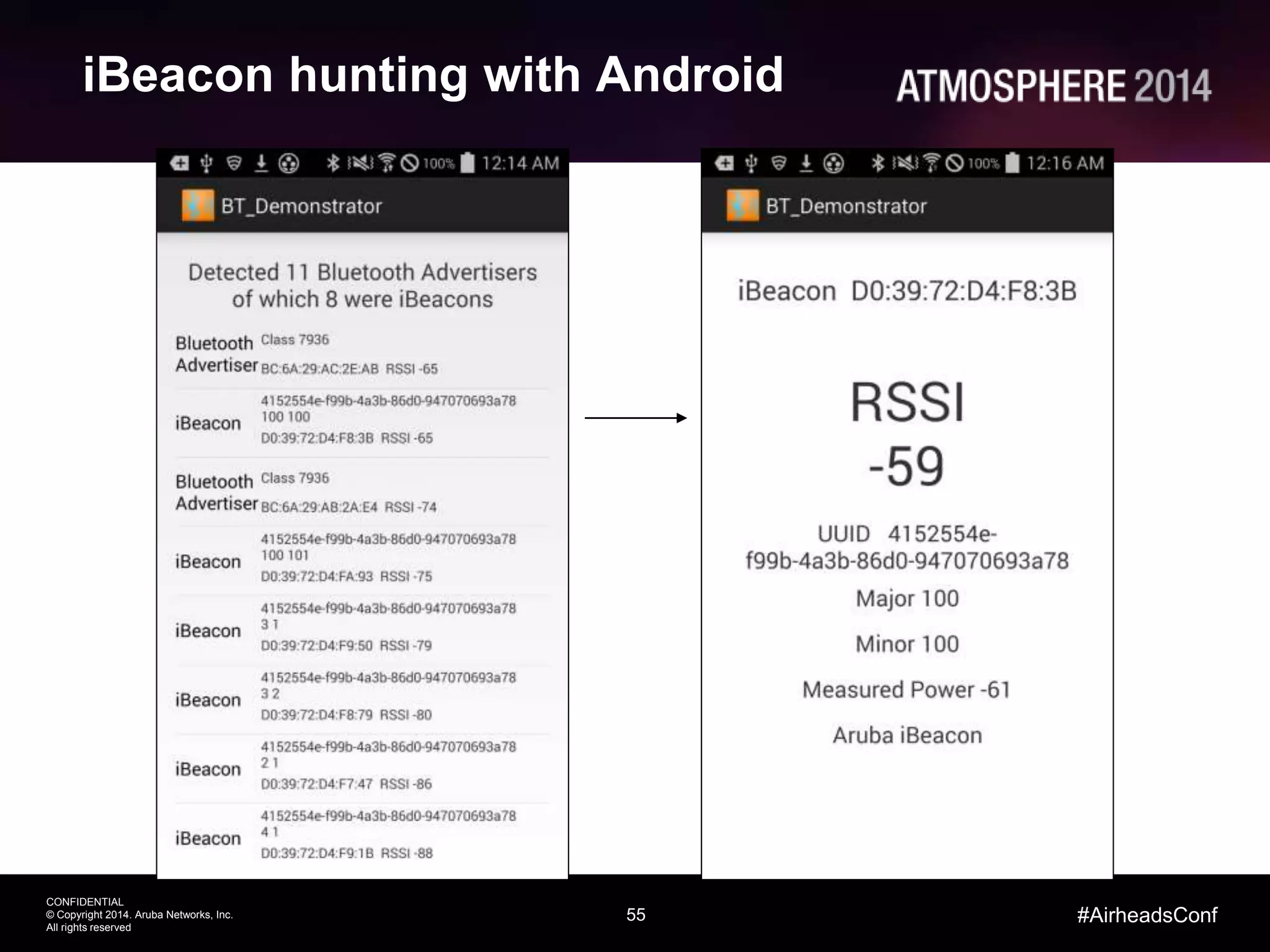 55
CONFIDENTIAL
© Copyright 2014. Aruba Networks, Inc.
All rights reserved
#AirheadsConf
iBeacon hunting with Android
 